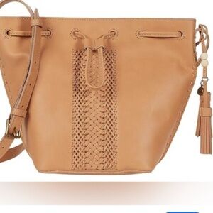 The Sak Ivy Neutral naked Vachetta leather minimalist drawstring bucket boho bag
